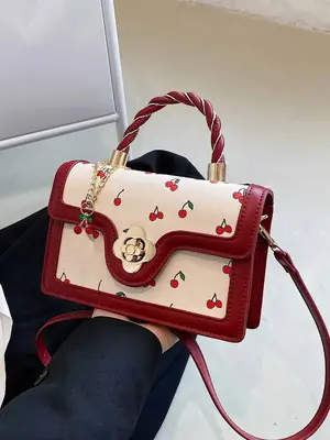 Colorblock Cherry Pattern Contrast Binding Design Handbag with Cherry Charm, Fashion Twist Design Top Handle Satchel Bag for ...