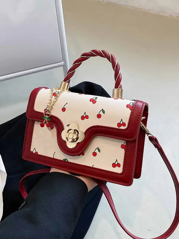 Colorblock Cherry Pattern Contrast Binding Design Handbag with Cherry Charm, Fashion Twist Design Top Handle Satchel Bag for ...