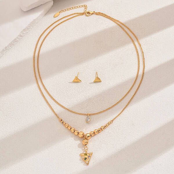 Fashionable Vintage Brass Triangle Double-layer Pendant Necklace & Stud Earring Set for Women