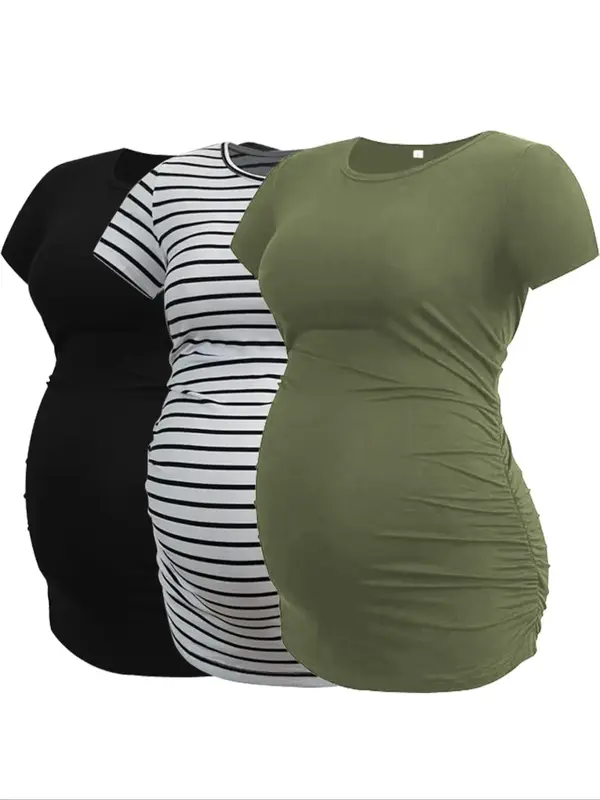 Women's Ruched Short Sleeve Crew Neck Maternity Tee, Casual Round Neck T-shirt for Summer, Maternity Tops for Daily Wear