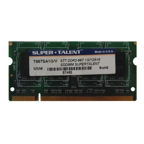 T667SA1G/V(SZ) Super Talent 1GB DDR2-667MHz PC2-5300 Non-ECC Unbuffered CL5 200-Pin SODIMM 1.8V Dual Rank Memory Module