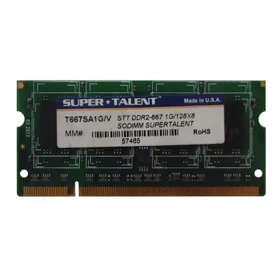 Super Talent T667SA1G/V(SZ) | 1GB DDR2-667MHz PC2-5300 Non-ECC Unbuffered CL5 200-Pin SODIMM 1.8V Dual Rank Memory Module