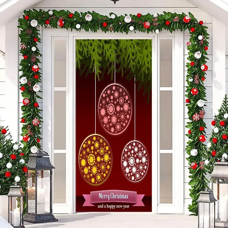 Circle Pattern Plant Red Merry Christmas Door Cover - Aperturee