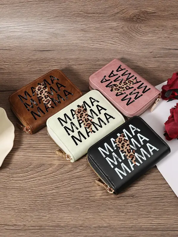 Fashion Leopard & Letter Pattern Short Wallet, Casual Versatile Zipper Card Holder, Simple Credit Card Holder with Multiple C...