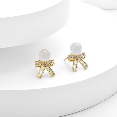 Bowknot Brass Micro Pave Clear Cubic Zirconia Stud Earrings for Women