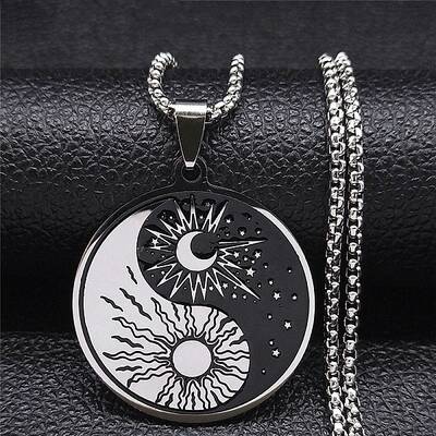 304 Stainless Steel Enamel Yin Yang with Sun & Moon Pendant Necklaces