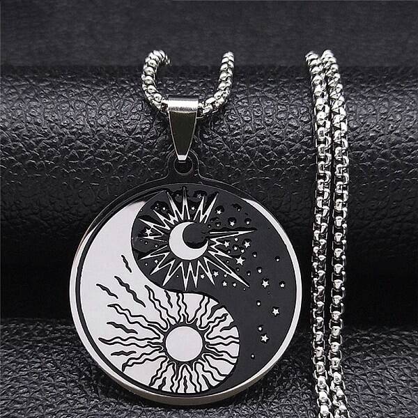 304 Stainless Steel Enamel Yin Yang with Sun & Moon Pendant Necklaces