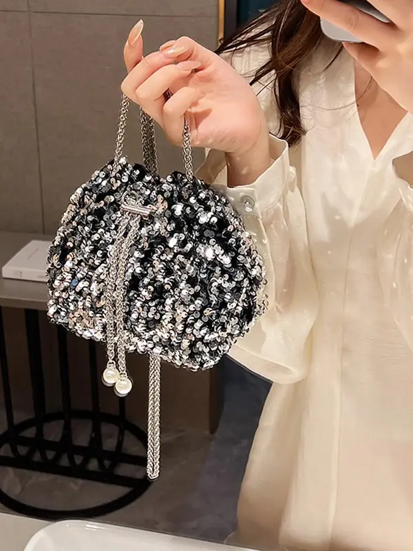 Women's Elegant Rhinestone Decorated Chain Strap Shoulder Bag, Exquisite Trendy Drawstring Design Crossbody Bag, Fashionable ...