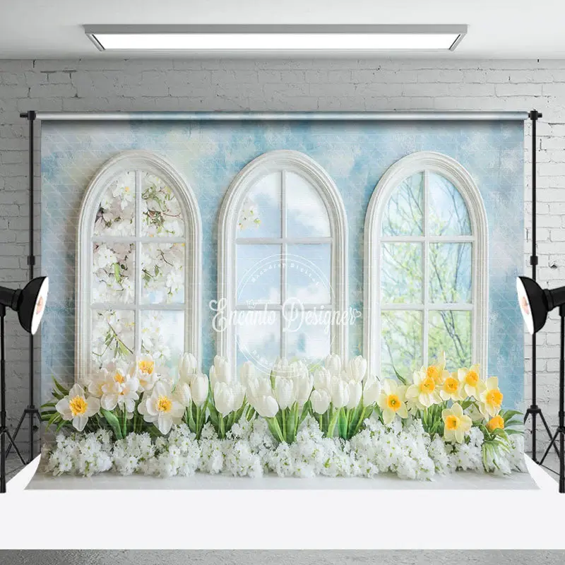 Spring Blue Window Wall Floral Photography Backdrop - Aperturee