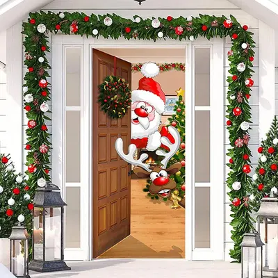 Wood Xmas Tree Santa Claus Elk Christmas Door Cover - Aperturee