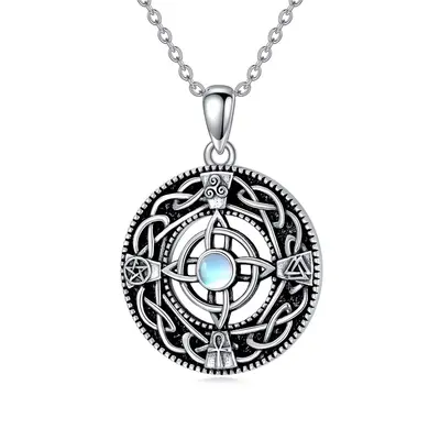 Sterling Silver Circular Shaped Moonstone Triforce Celtic Knot Pendant Necklace