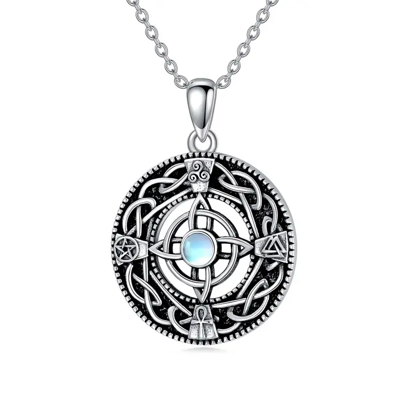 Sterling Silver Circular Shaped Moonstone Triforce Celtic Knot Pendant Necklace