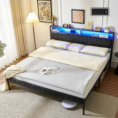AMERLIFE Platform Bed Frame, LED Bed Frame with PU Leather & Charging Station, 2-Tier Storage Headboard/No Box Spring Needed/...