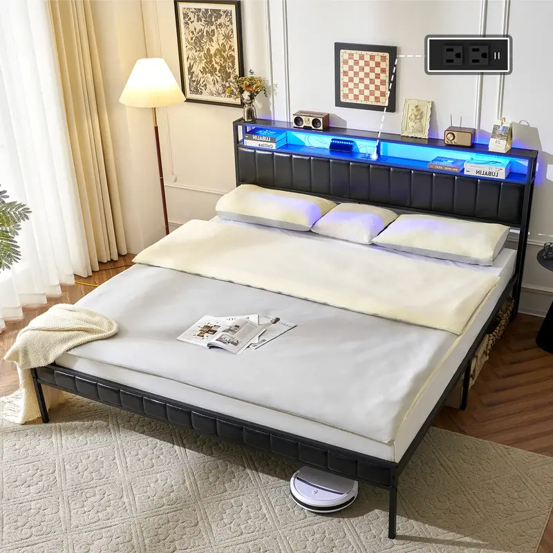 AMERLIFE Platform Bed Frame, LED Bed Frame with PU Leather & Charging Station, 2-Tier Storage Headboard/No Box Spring Needed/...