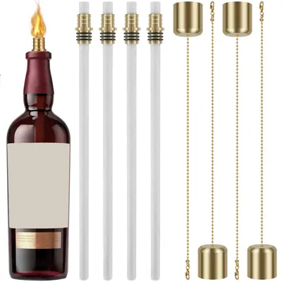 12Counts Wine Bottle Torch Kit Torch Light Set with 4 Torch Wicks 4 Brass Torch Wick Holders and 4 Brass Covers Premium DIY W...