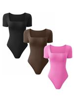 Women's Solid Square Neck Bodysuits, Casual Curvy Short Sleeve Bodysuit for Daily Wear, Tummy Tuck Garment, Ladies Clothes fo...