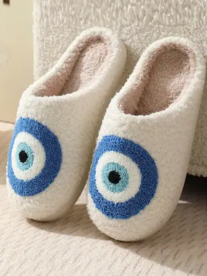 Women's Preppy Style Cartoon Eye Design Slippers, 1 Pair Casual Soft Comfy Sweat-absorbent Bedroom Slides for Fall & Winter, ...