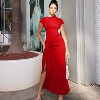 OYS Women's Casual Short Sleeve Boat Neck Ruched High Split Bodycon Long Party Dress