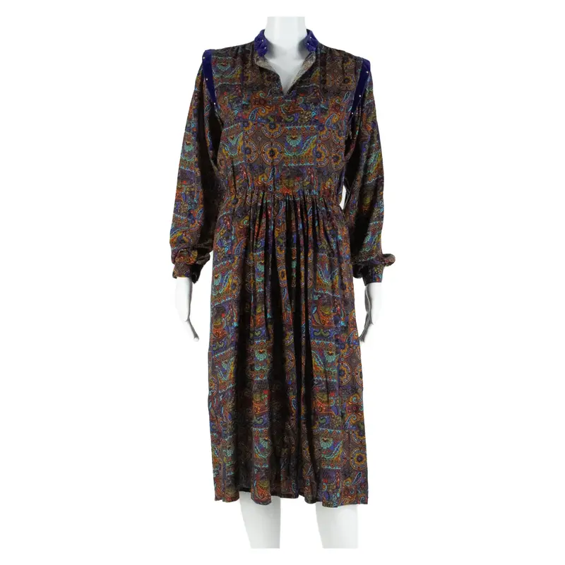 Womens A-Line Dress Brown 90s Crazy Pattern Long Sleeve Midi S