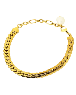 18K Gold Chain Bracelet with Pearl - Thick Curb