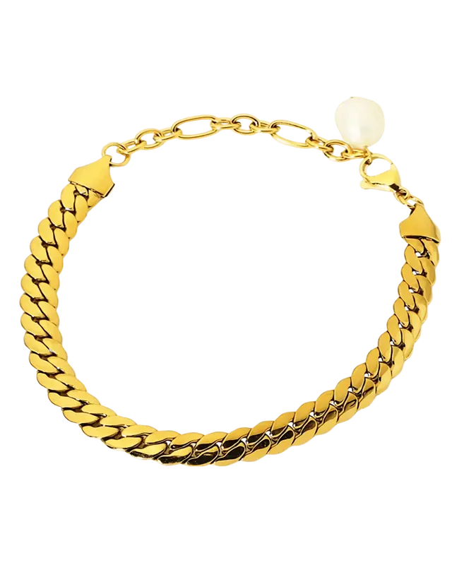 18K Gold Chain Bracelet with Pearl - Thick Curb