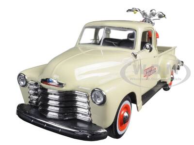 1950 Chevrolet 3100 Pickup Truck Cream 1/25 and 2001 FLSTS Heritage Springer Motorcycle Orange 1/24 \
