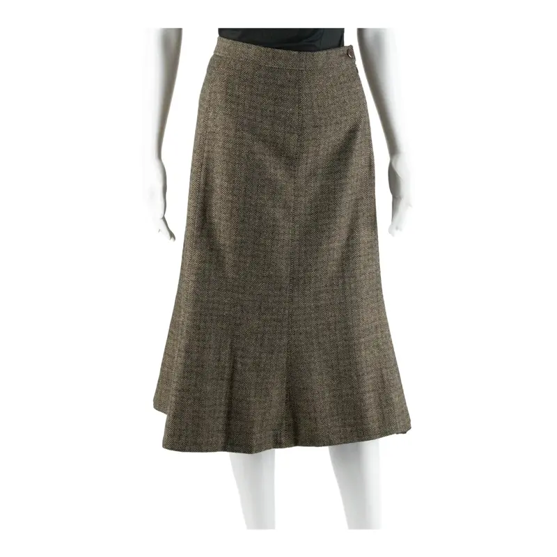 KARTING Womens Flare Skirt Brown Midi Wool 90s Chevron M