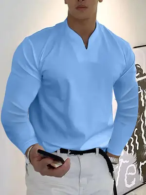 Loose V Neck Long Sleeves Shirt, Blue / M