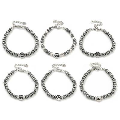 304 Stainless Steel & Synthetic Non-magnetic Hematite Round Beaded Bracelets for Women