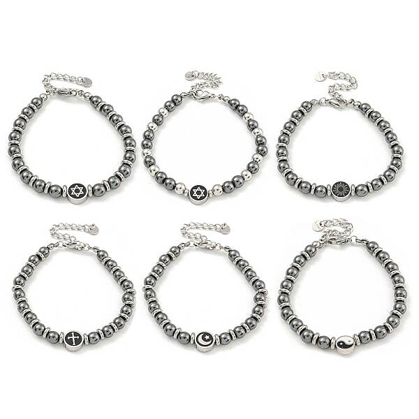 304 Stainless Steel & Synthetic Non-magnetic Hematite Round Beaded Bracelets for Women