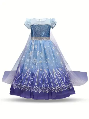 Girl's Ombre Print Contrast Sequin Zipper Back Princess Dress, Puff Sleeve Round Neck Contrast Mesh Dress for Party, Kids Sum...