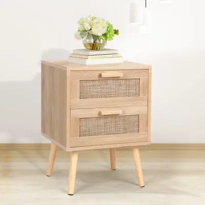VOWNER Rattan Nightstand, End Table with 2 Drawers and Solid Wood Legs, Side Table with Storage for Bedroom, Easy Assembly Ni...