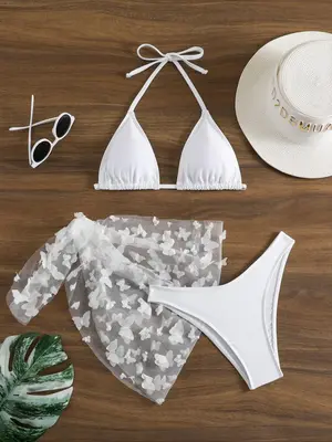 Women's Butterfly Appliques Sheer Bikinis Set, Halter Triangle Swim Cup Bra & High Cut Swim Panty & Knot Side Cover Up Skirt,...