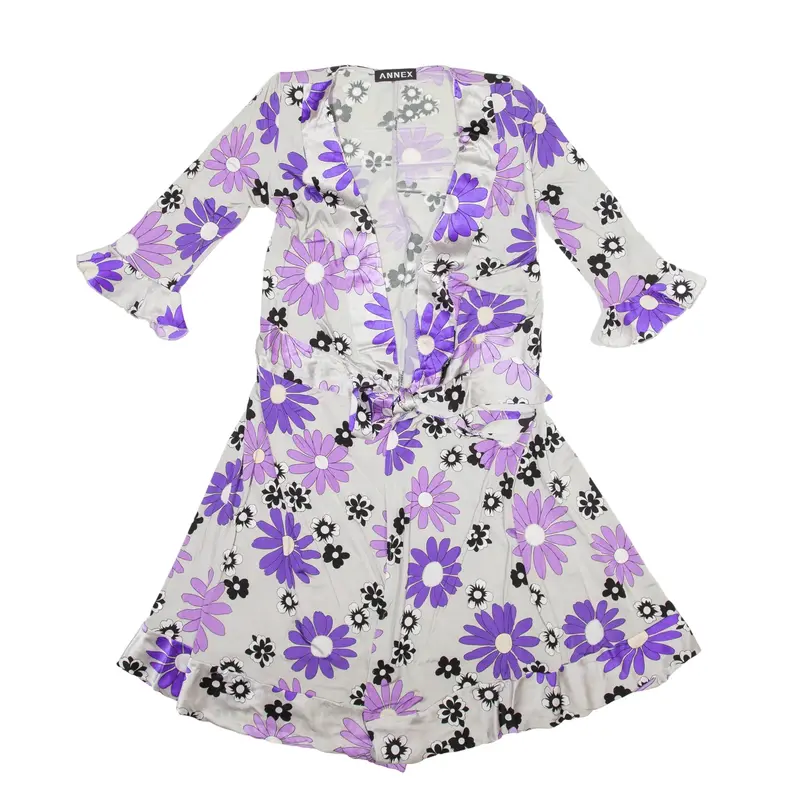 ANNEX Wrap Dress Grey Floral Viscose Satin 3/4 Sleeve Knee Length Womens UK 8