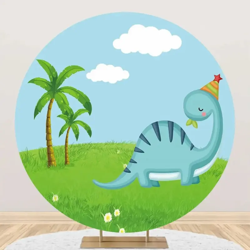Round Blue Dinosaur Green Lawn Palm Trees Backdrop - Aperturee