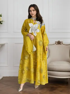 Dubai Sequined Long Abaya Dress, Elegant Loose-Fit Jalabiya for Muslim Women, All-Season Woven Fabric Party Wear