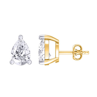 Certified Lab Grown Four Prong Pear Shape Diamond Stud Earring | 14K Yellow Gold 2 ct. tw.