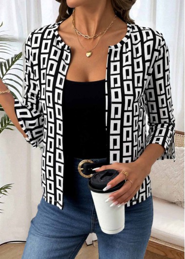 Modlily Black Geometric Print 3/4 Sleeve Coat - XXL