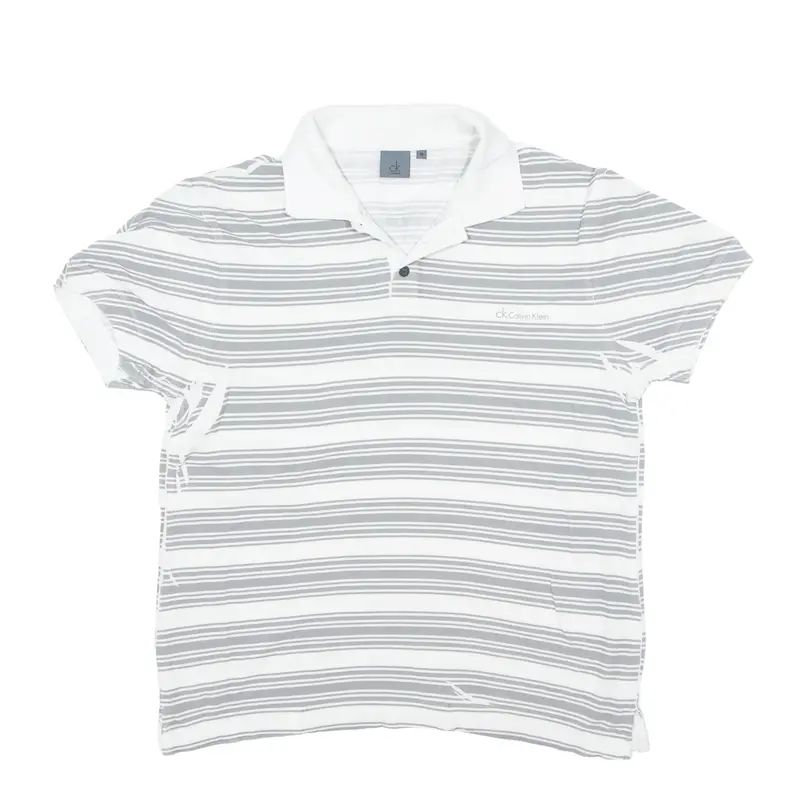 CALVIN KLEIN Polo Shirt Grey Striped Short Sleeve Mens M