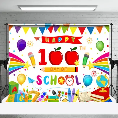 Happy 100th Day Cartoon Pen Back To School Backdrop - Aperturee