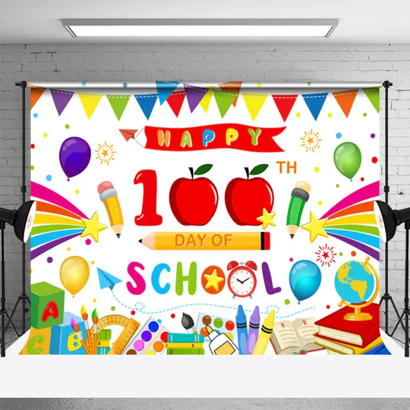 Happy 100th Day Cartoon Pen Back To School Backdrop - Aperturee