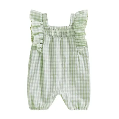 Baby Girl Summer Romper Ruffle Sleeveless Plaid Print Smocked Jumpsuit Infant Outfit