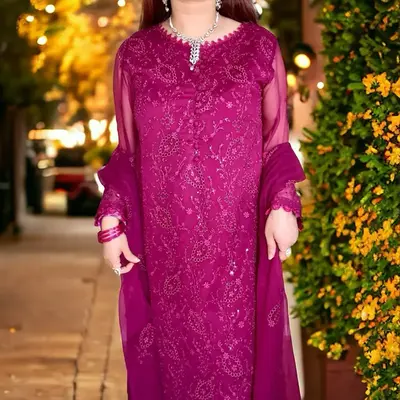 Dark Magenta Pakistani Dress with Shirt, Pant, and Dupatta - Chiffon, Floral Embroidery, and Lace, Perfect for Eid, Parties, ...