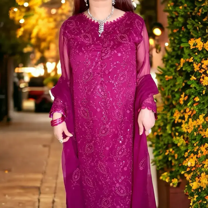 Dark Magenta Pakistani Dress with Shirt, Pant, and Dupatta - Chiffon, Floral Embroidery, and Lace, Perfect for Eid, Parties, ...