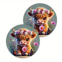 Cartoon Highland Cow Pattern Car Coaster, Round Anti-slip Car Cup Holder Pad, Car Interior Decoration Accessories for Women &...