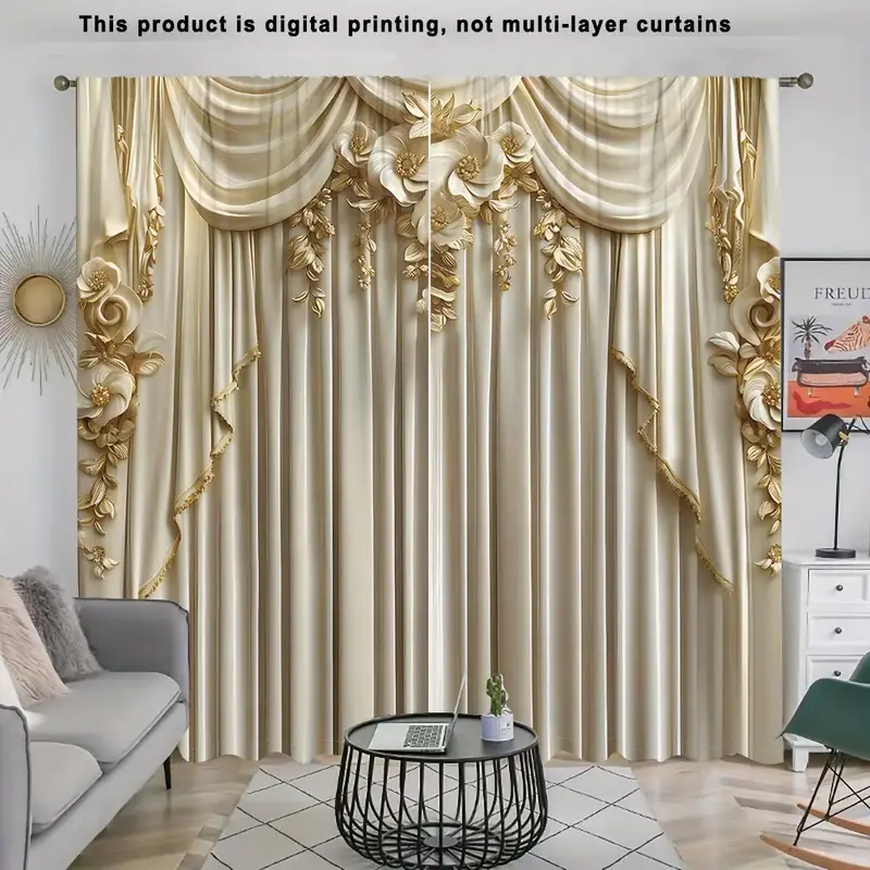 European Style Printed Window Curtain, 2 Counts/set Classic Elegant Curtain, Home Decorative Curtain for Living Room Bedroom...