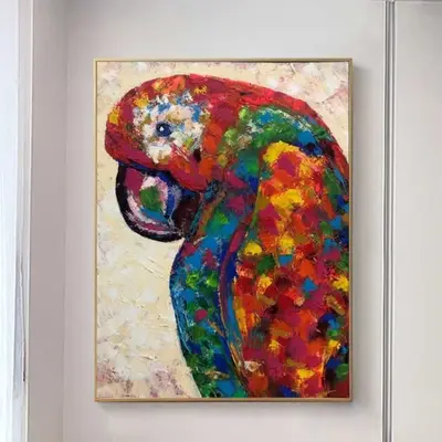 Abstract Parrot Painting Canvas Bright Bird Art Colorful Artwork Customized Painting 54x40 Art Tropical Wall Art for Lake Hou...