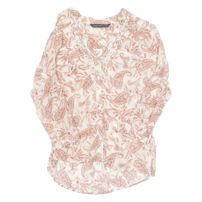 ZARA Sheer Womens Printed Blouse Red V-Neck 3/4 Sleeve Paisley S