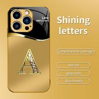 Suitable for [iPhone 15 Pro Max] New high-end gold letter glass mobile phone case New business simple metal paint electroplat...