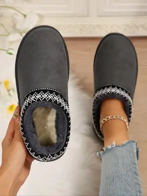 Women's Solid Color Plush Lined Slippers, Casual Soft Comfortable Home Slippers, Warm Slippers for Indoor & Outdoor Use for F...